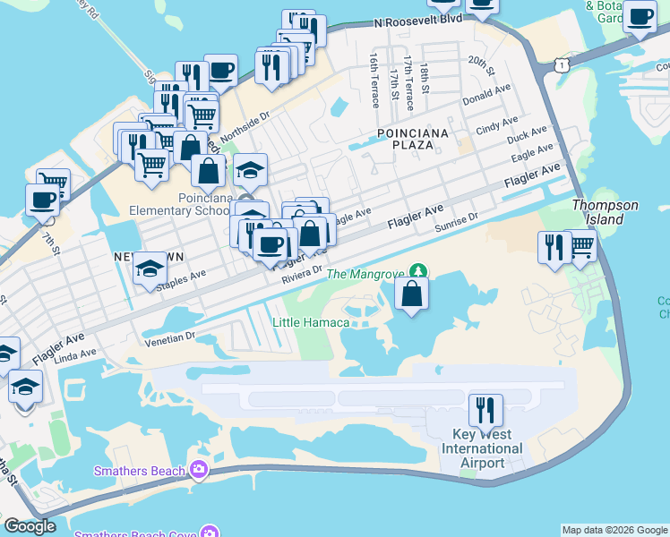 map of restaurants, bars, coffee shops, grocery stores, and more near 3304 Riviera Drive in Key West
