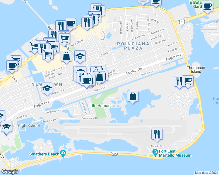 map of restaurants, bars, coffee shops, grocery stores, and more near 3304 Riviera Drive in Key West