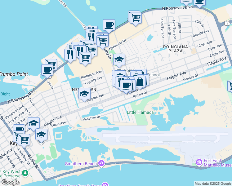 map of restaurants, bars, coffee shops, grocery stores, and more near 3075 Flagler Avenue in Key West