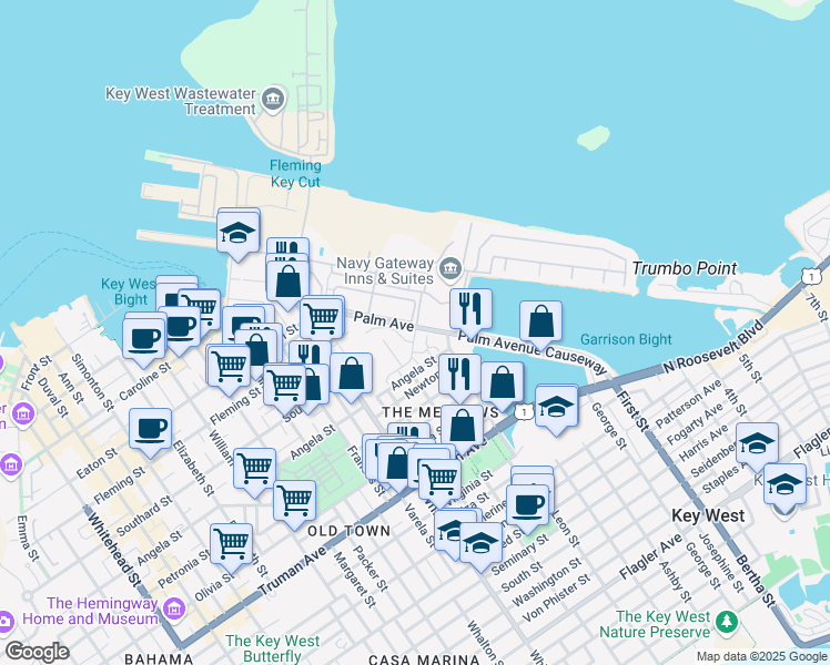 map of restaurants, bars, coffee shops, grocery stores, and more near 109 Peary Court in Key West