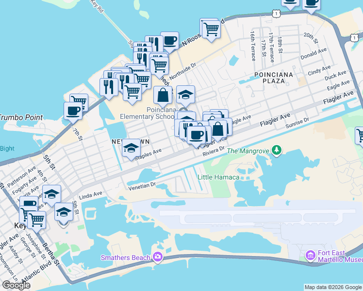 map of restaurants, bars, coffee shops, grocery stores, and more near 3075 Flagler Avenue in Key West