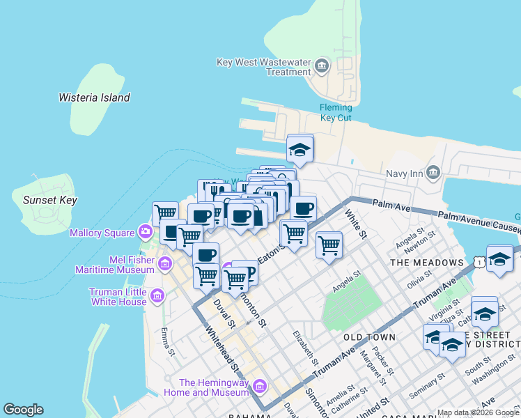 map of restaurants, bars, coffee shops, grocery stores, and more near 231 Margaret Street in Key West