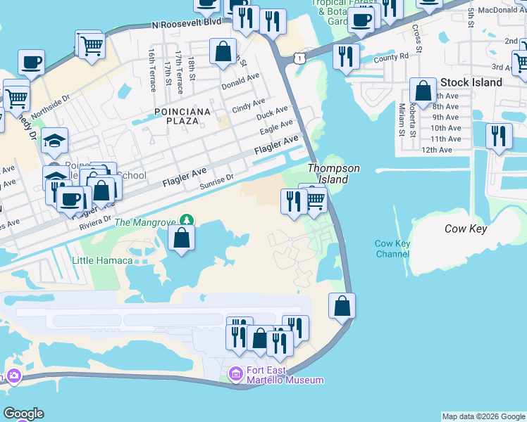 map of restaurants, bars, coffee shops, grocery stores, and more near 3655 Seaside Drive in Key West