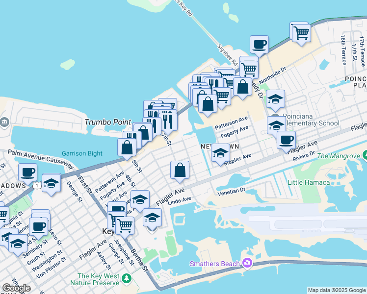map of restaurants, bars, coffee shops, grocery stores, and more near 1310 8th Street in Key West