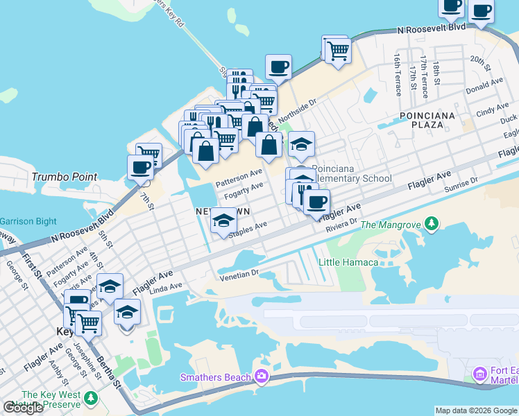 map of restaurants, bars, coffee shops, grocery stores, and more near 2903 Harris Avenue in Key West