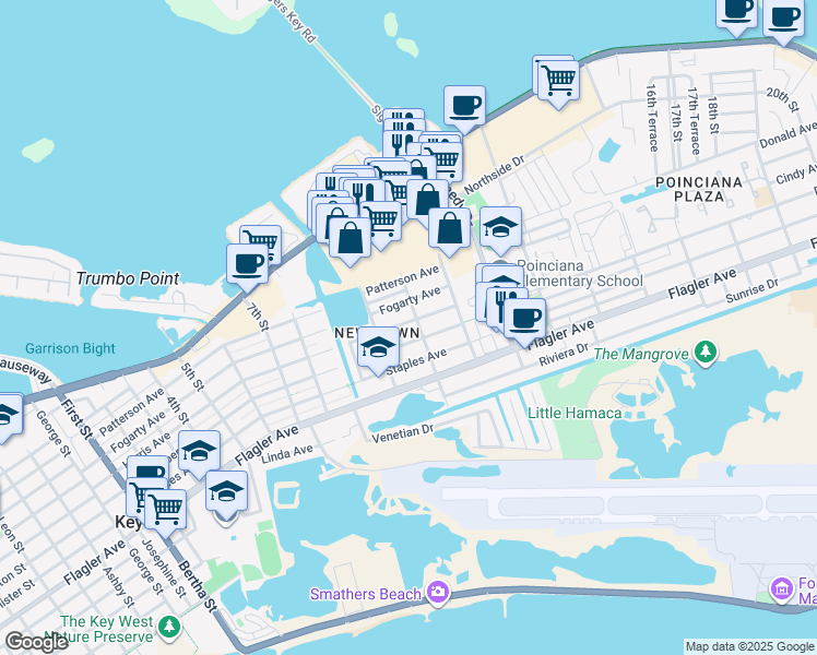 map of restaurants, bars, coffee shops, grocery stores, and more near 2828 Harris Avenue in Key West