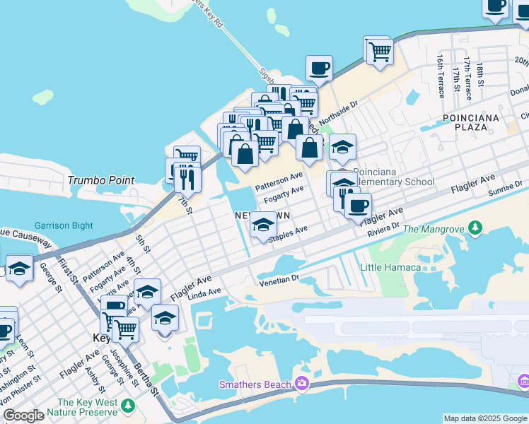 map of restaurants, bars, coffee shops, grocery stores, and more near in Key West