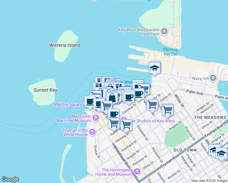 map of restaurants, bars, coffee shops, grocery stores, and more near 201 William Street in Key West