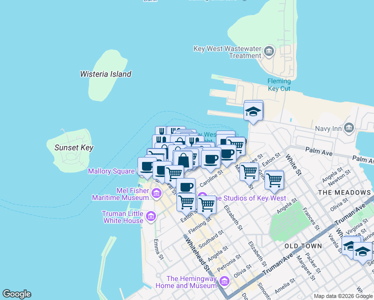 map of restaurants, bars, coffee shops, grocery stores, and more near 201 William Street in Key West