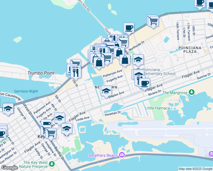 map of restaurants, bars, coffee shops, grocery stores, and more near in Key West