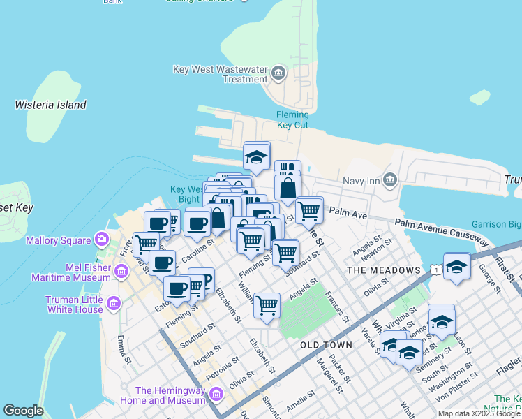 map of restaurants, bars, coffee shops, grocery stores, and more near 281 Trumbo Road in Key West