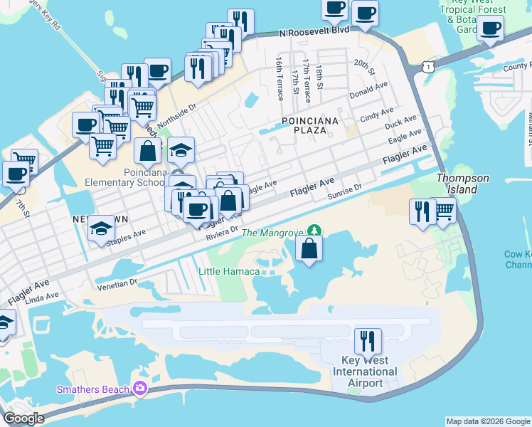 map of restaurants, bars, coffee shops, grocery stores, and more near 3350 Flagler Avenue in Key West