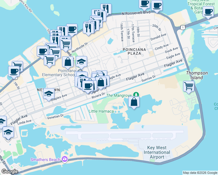 map of restaurants, bars, coffee shops, grocery stores, and more near 3345 Flagler Avenue in Key West