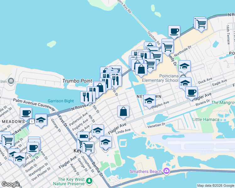 map of restaurants, bars, coffee shops, grocery stores, and more near 2506 North Roosevelt Boulevard in Key West