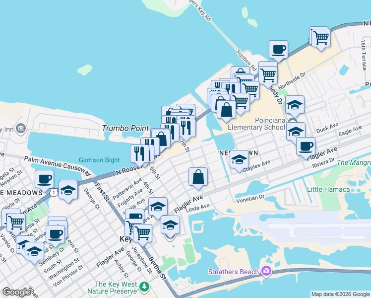 map of restaurants, bars, coffee shops, grocery stores, and more near 2506 North Roosevelt Boulevard in Key West