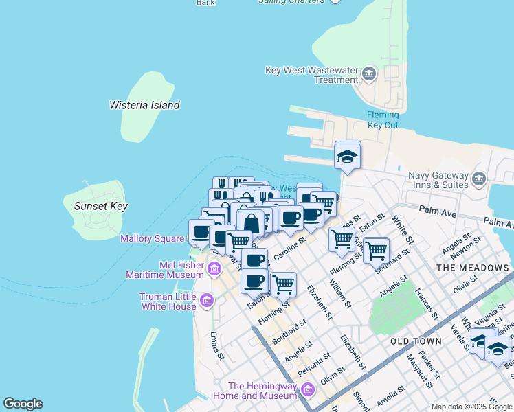 map of restaurants, bars, coffee shops, grocery stores, and more near 201 William Street in Key West