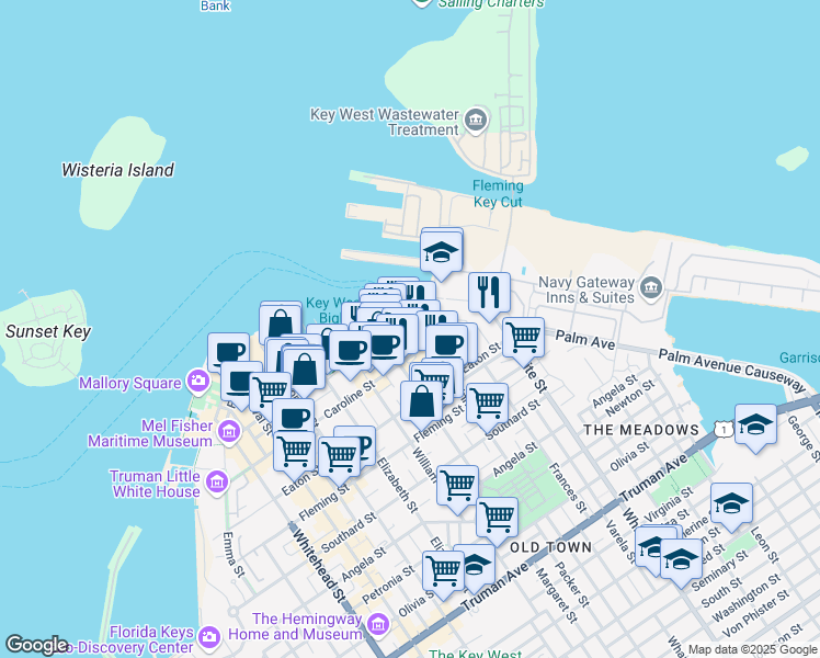 map of restaurants, bars, coffee shops, grocery stores, and more near 1000 Grinnell Street in Key West