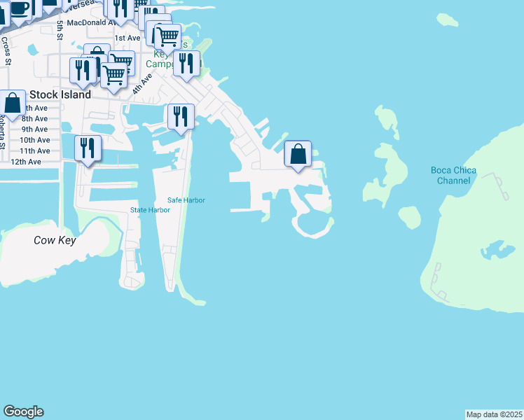 map of restaurants, bars, coffee shops, grocery stores, and more near 5960 Peninsular Avenue in Key West