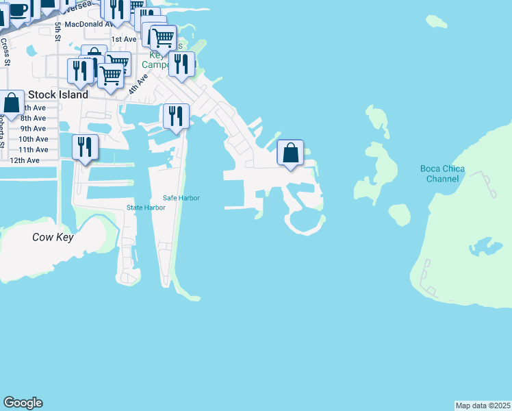 map of restaurants, bars, coffee shops, grocery stores, and more near 5960 Peninsular Avenue in Key West