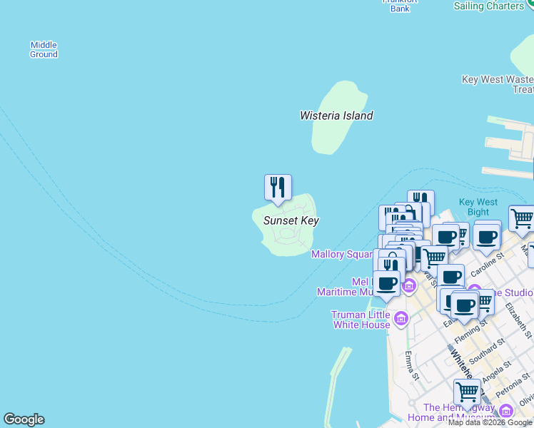map of restaurants, bars, coffee shops, grocery stores, and more near 2 Sunset Key Drive in Naval Air Station Key West