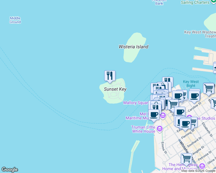 map of restaurants, bars, coffee shops, grocery stores, and more near 2 Sunset Key Drive in Naval Air Station Key West