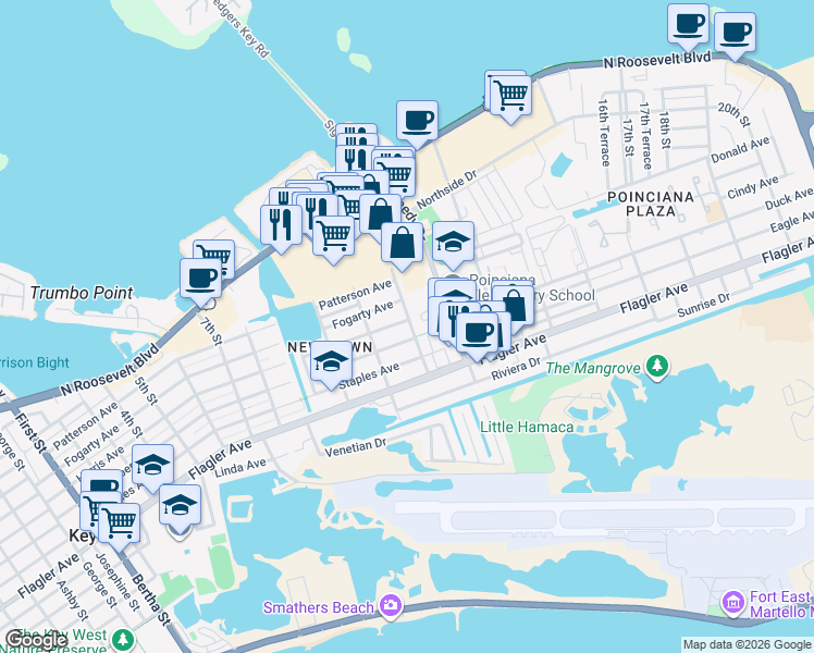 map of restaurants, bars, coffee shops, grocery stores, and more near 2932 Harris Avenue in Key West