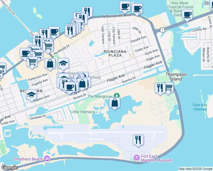 map of restaurants, bars, coffee shops, grocery stores, and more near 3350 Flagler Avenue in Key West