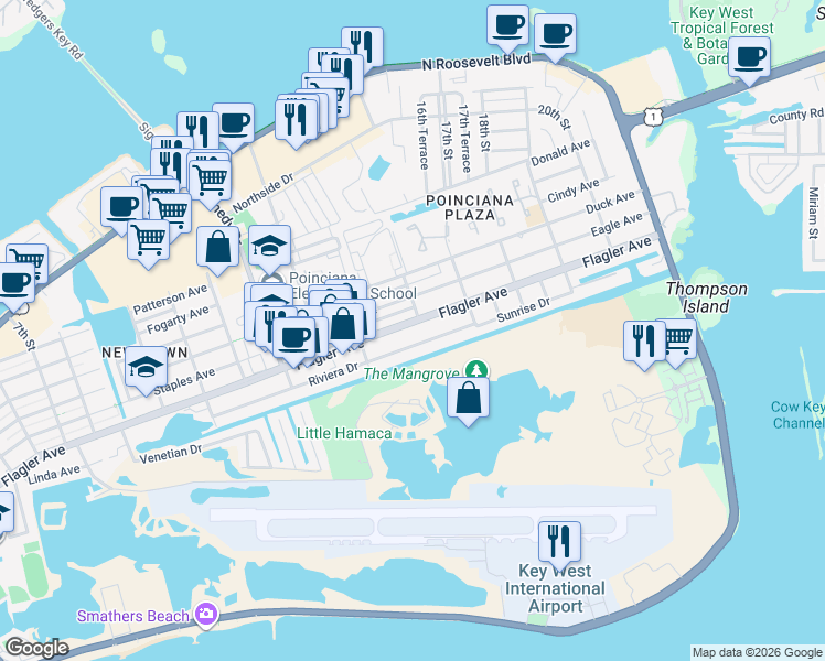 map of restaurants, bars, coffee shops, grocery stores, and more near 3350 Flagler Avenue in Key West