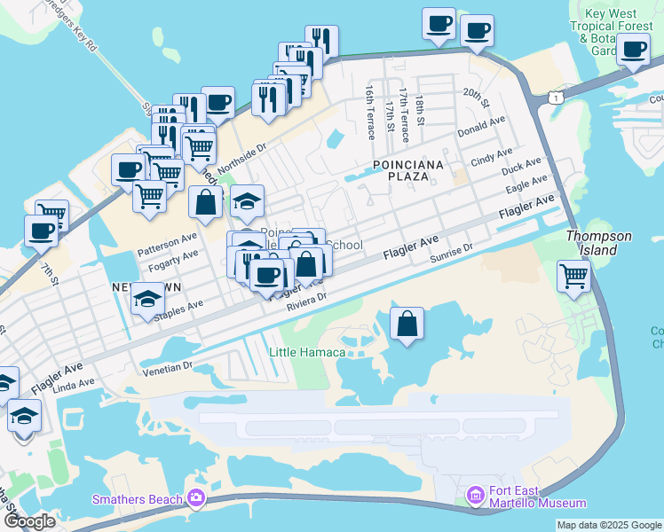 map of restaurants, bars, coffee shops, grocery stores, and more near 3345 Flagler Avenue in Key West