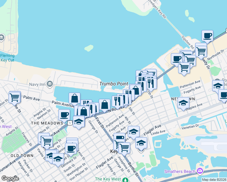 map of restaurants, bars, coffee shops, grocery stores, and more near 22 Hilton Haven Road in Key West