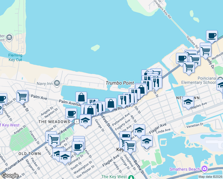 map of restaurants, bars, coffee shops, grocery stores, and more near 22 Hilton Haven Road in Key West