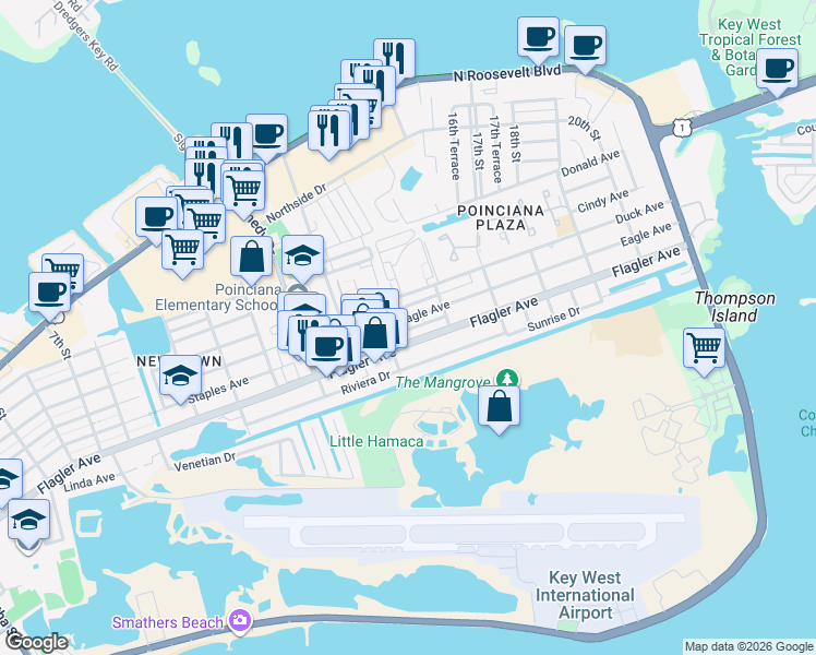 map of restaurants, bars, coffee shops, grocery stores, and more near 3345 Flagler Avenue in Key West