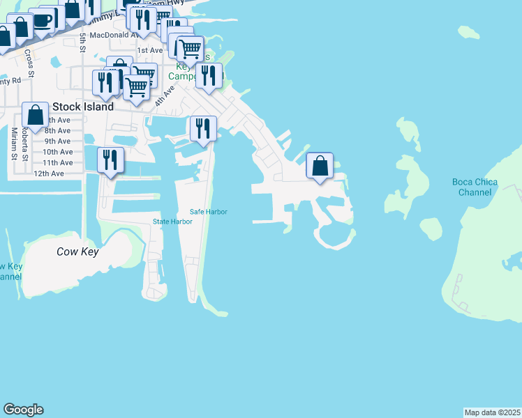 map of restaurants, bars, coffee shops, grocery stores, and more near 5950 Peninsular Avenue in Stock Island