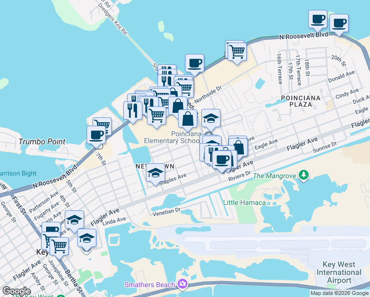 map of restaurants, bars, coffee shops, grocery stores, and more near 2932 Harris Avenue in Key West