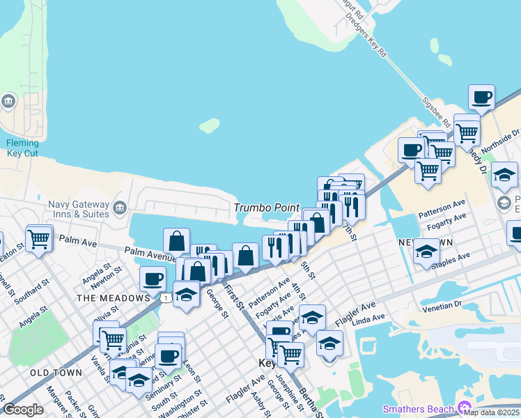 map of restaurants, bars, coffee shops, grocery stores, and more near 32 Hilton Haven Road in Key West