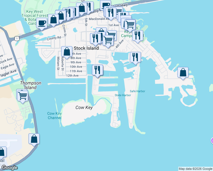 map of restaurants, bars, coffee shops, grocery stores, and more near 7009 Shrimp Road in Key West