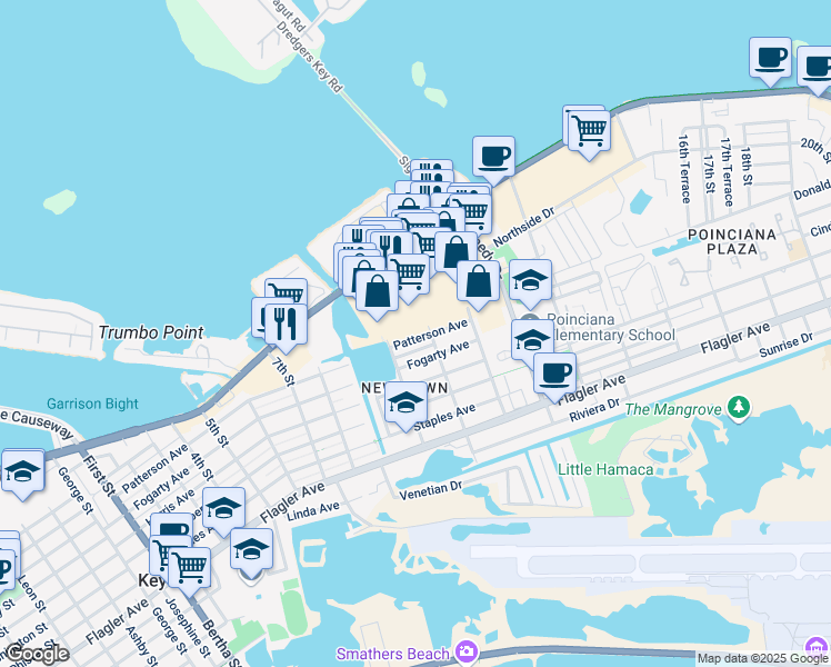 map of restaurants, bars, coffee shops, grocery stores, and more near 2766 North Roosevelt Boulevard in Key West