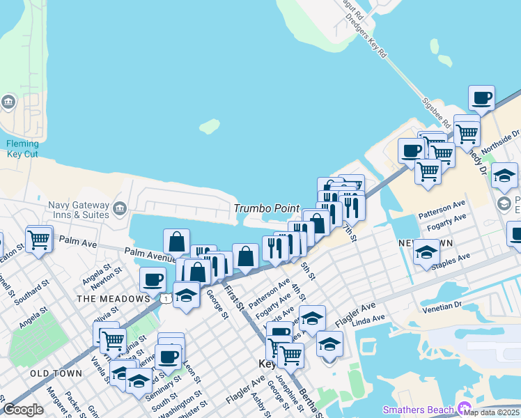 map of restaurants, bars, coffee shops, grocery stores, and more near 32 Hilton Haven Road in Key West