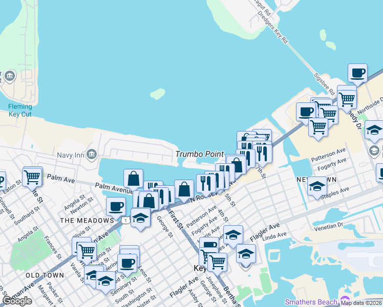 map of restaurants, bars, coffee shops, grocery stores, and more near in Key West