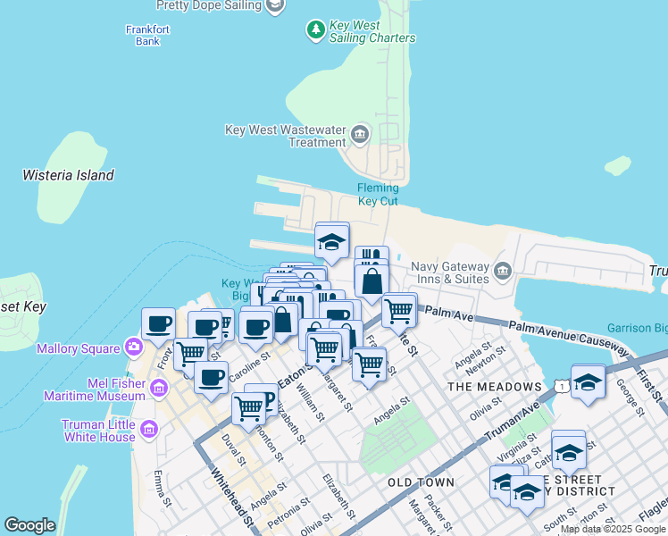 map of restaurants, bars, coffee shops, grocery stores, and more near 241 Trumbo Road in Key West