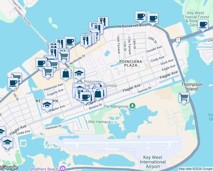 map of restaurants, bars, coffee shops, grocery stores, and more near 3312 Duck Avenue in Key West
