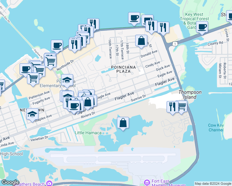 map of restaurants, bars, coffee shops, grocery stores, and more near 3490 Eagle Avenue in Key West