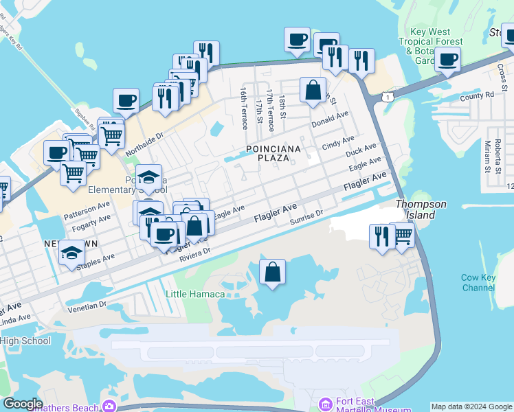 map of restaurants, bars, coffee shops, grocery stores, and more near 3430 Eagle Avenue in Key West