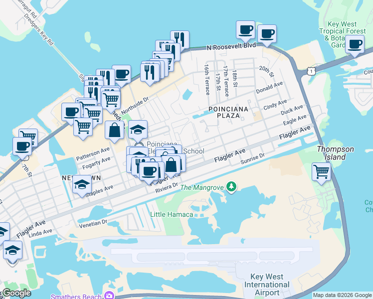 map of restaurants, bars, coffee shops, grocery stores, and more near 3312 Duck Avenue in Key West