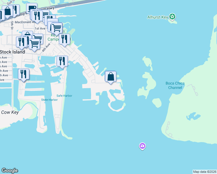map of restaurants, bars, coffee shops, grocery stores, and more near 6000 Peninsular Avenue in Stock Island