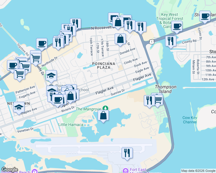 map of restaurants, bars, coffee shops, grocery stores, and more near 3525 Flagler Avenue in Key West