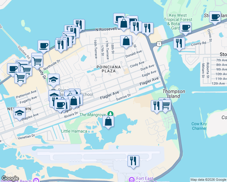 map of restaurants, bars, coffee shops, grocery stores, and more near 3525 Flagler Avenue in Key West