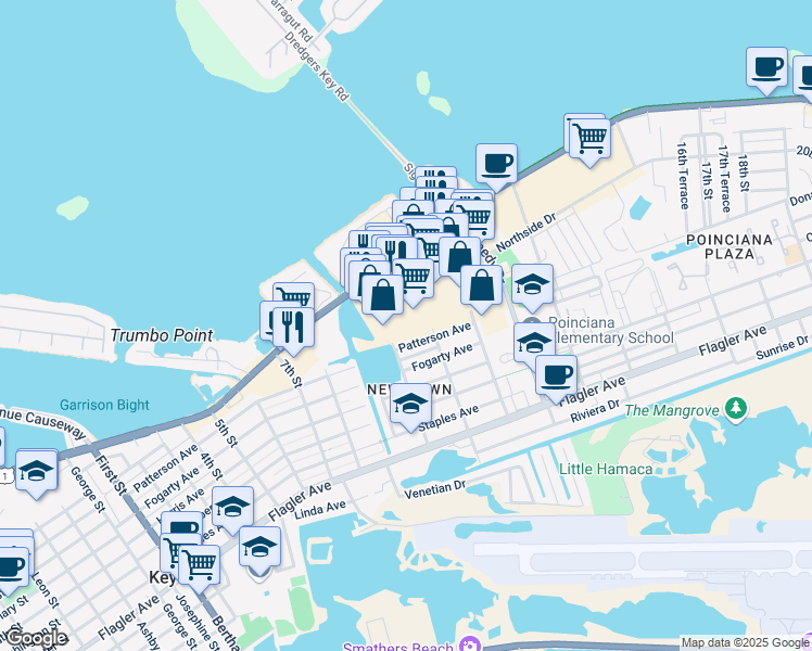 map of restaurants, bars, coffee shops, grocery stores, and more near 2766 North Roosevelt Boulevard in Key West
