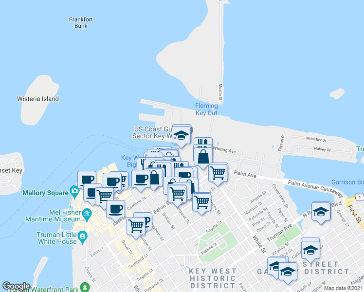 map of restaurants, bars, coffee shops, grocery stores, and more near 241 Trumbo Road in Key West