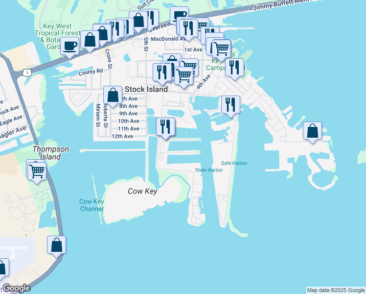 map of restaurants, bars, coffee shops, grocery stores, and more near 7009 Shrimp Road in Key West